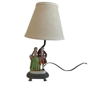Vintage Porcelain Colonial Couple Table Lamp Cast Metal Footed Base 14 Inch